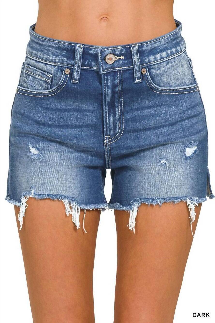 NEW ZENANA raw frayed hem cutoff side slit denim shorts in dark wash